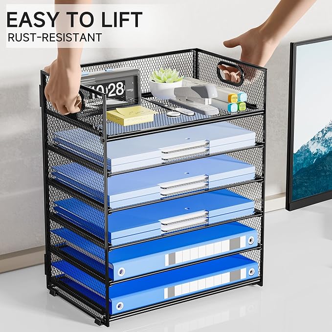 6-Tier Paper Organizer for Desk with Handle, Heavy Duty Metal File Organizer | Stackable Desktop Organizer for Office Supplies, Documents and Stationery Storage