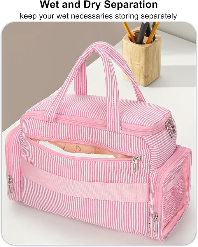 Travel Makeup Bag, Lightweight Wide-open Toiletries Bag for Women, Large Cosmetic Organizer Bag with Makeup Brushes Compartment for Travel-Sized Essentials for Trip, Camping - Pink Strip