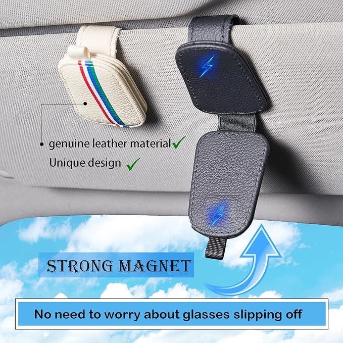 Sunglasses Holder for Car Visor - Universal Car Eyeglass Glasses Magnetic Clip - 2 Pack Leather Car Convenient and Fashion Sunglass Organizer Hanger Clip Ticket Card Clip Interior Accessories (Beige)