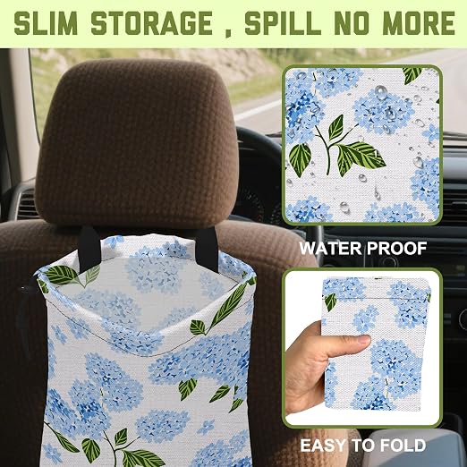 Car Trash Bag Blue Hydrangeas Floral Hanging Drawstring Car Organizer and Storage Bag with Adjustable Buckle Canvas Garbage Bin for Back Seat or Hanging Headrest Road Trip Essentials