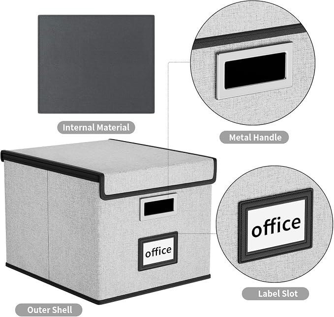 Portable File Organizer Boxes Set of 4, Large Linen Hanging Office Document Storage Boxes with Lids, Collapsible Filing & Storage Boxes for Office/Decor/Home - 14.9 x 12.7 x 10.8 inch