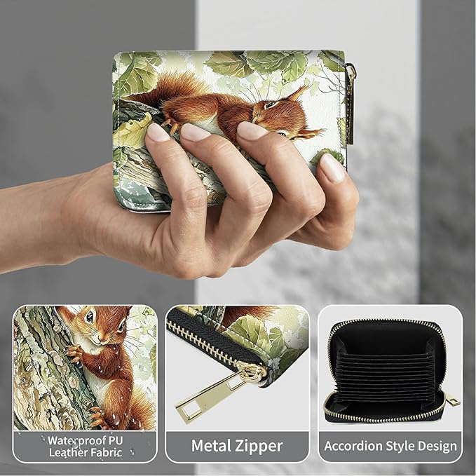 Cute Credit Card Holder with Zipper, Squirrel RFID-Blocking Card Case Small Wallet for Women Men, Multi-slot Card Organizer Case Travel Accordion Wallet