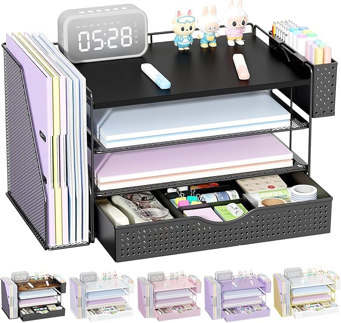 gianotter Wood Desk Organizers and Accessories with File Holder, 4-Tier Desk Accessories & Workspace Organizers with Drawer and Pen Holder, Paper Organizer for Office Supplies (Black)