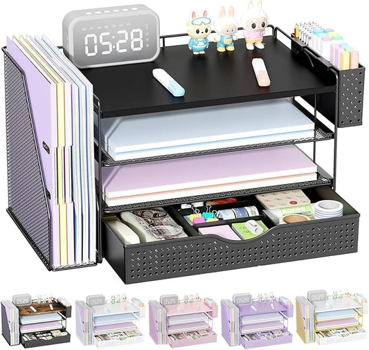 gianotter Wood Desk Organizers and Accessories with File Holder, 4-Tier Desk Accessories & Workspace Organizers with Drawer and Pen Holder, Paper Organizer for Office Supplies (Black)