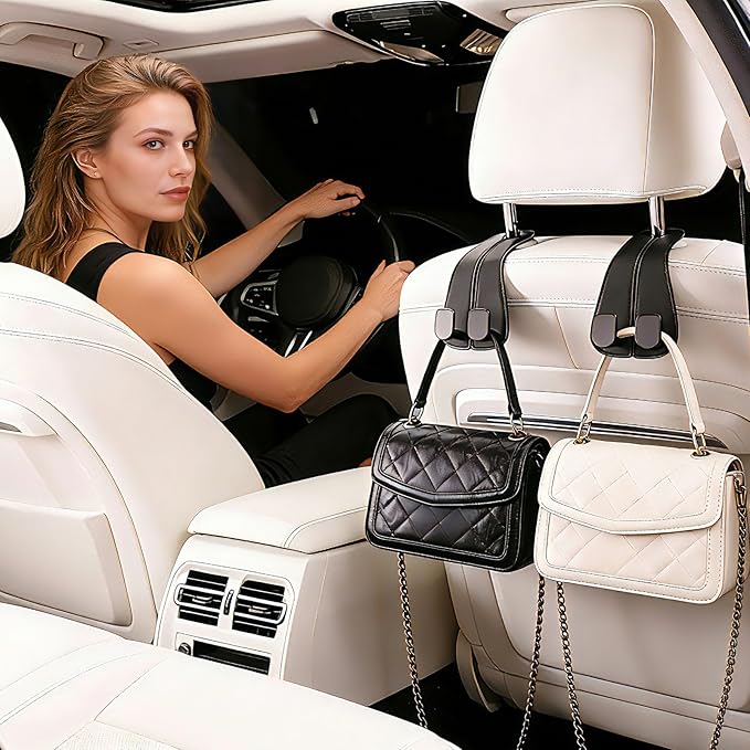 2 Pack KAFANLIN Car Headrest Hooks for Purses and Bags Cute Leather Car Seat Back Head Rest Double Hooks for Bags Cute Pink Beige Car Accessories Headrest Back Seat Handbags Hook (Black 2 Pack)