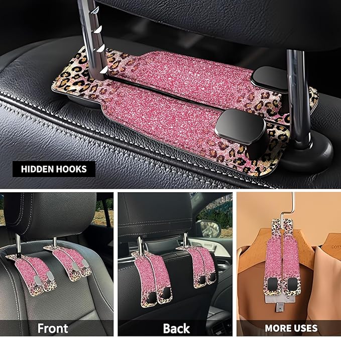 Car Seat Headrest Hook, Universal Leather Cute Hanger Holder Hook, Storage Organizer Interior Accessories for Purse Bags Handbag Glitter Pink Leopard