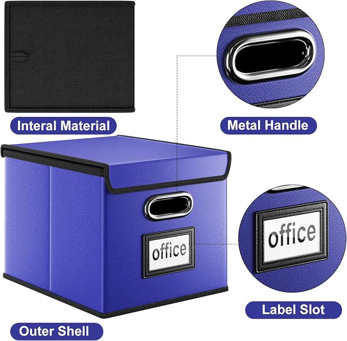 Decorative Leather File Organizer Storage Boxes with Lids Set of 4, Document Boxes Organizer, Filing Boxes, Decorative Small File Boxes for Hanging Files, File Cabinet for Office/Home - 4 Pack