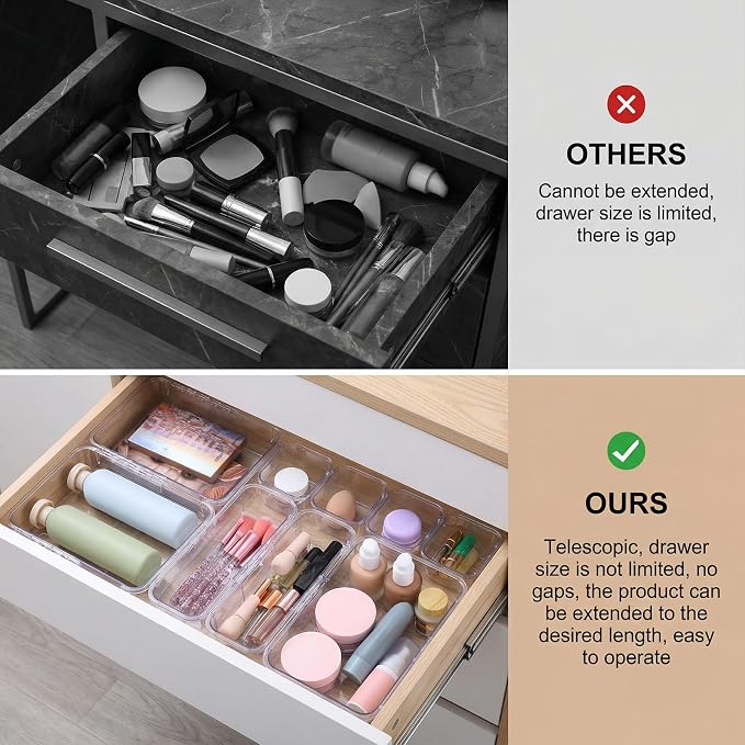 14 Pcs Clear Drawer Organizer - 3 Sizes, Adjustable Drawer Storage Box, Desk Drawer Organizer, Acrylic Storage Bins for Makeup, Cosmetic, Kitchen Utensils, Bedroom Dressers Tool Organizer for Gadgets