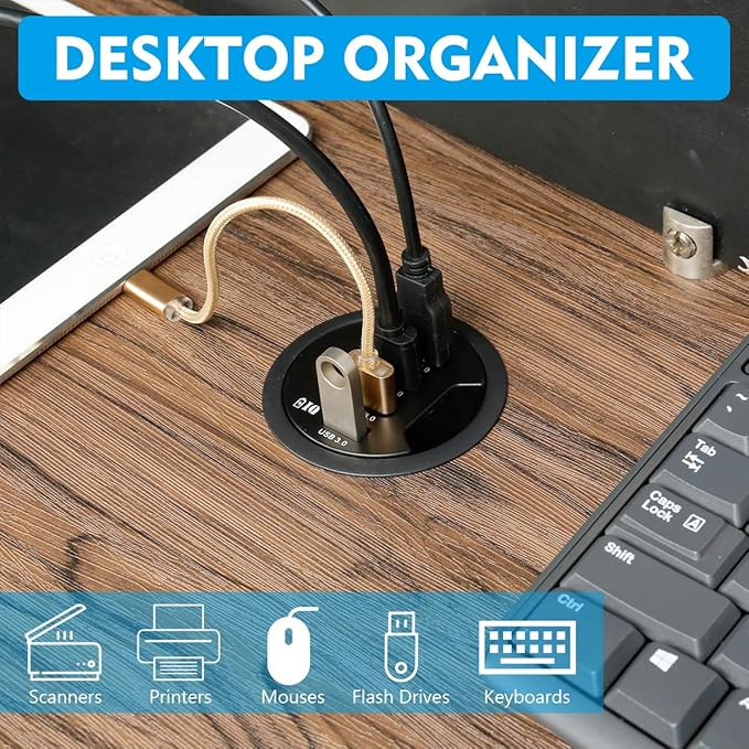 WDX Grommet Hole in Desk USB 3.0 4 Port Hub/BC 1.2 USB Charger, for iPad/Tablet and iPhone/Smart Phones