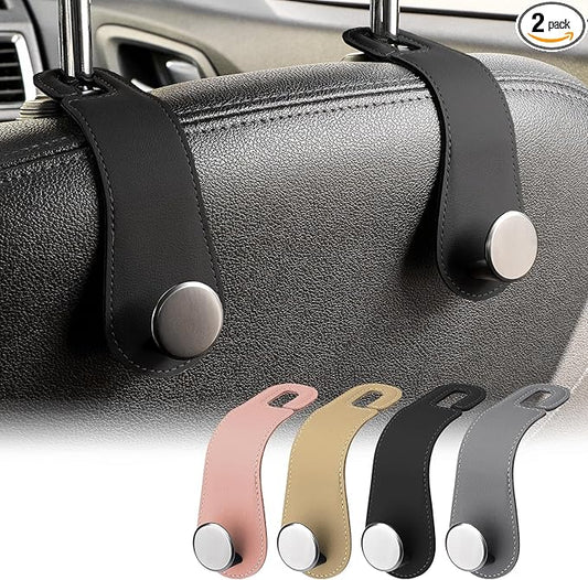 JESTOP Leather Car Seat Storage Hanger, 2 Pack, Stylish Seat Organizer Hooks for Purses, Bags, Coats, Umbrellas, Black