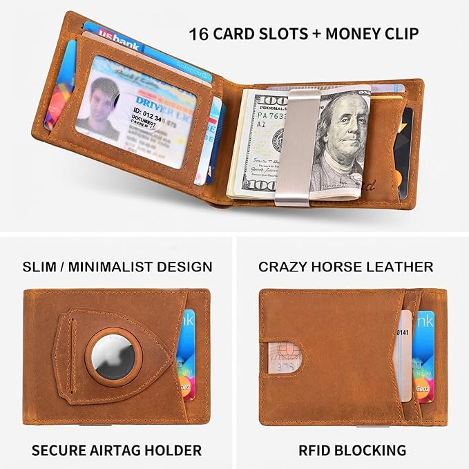 kinzd Slim Wallet with Money Clip RFID Blocking Minimalist Bifold Wallet for Men Genuine Leather Front Pocket Card Holder