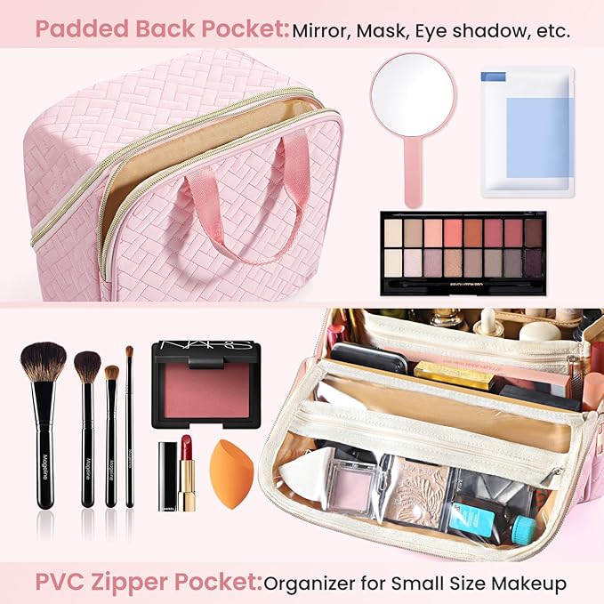 Makeup Bag, Large Capacity with Room for Brushes and Mirror, Travel Makeup Organizer, Portable Standing Make Up Case, Waterproof Cosmetic Bags with Handle, Color Pink