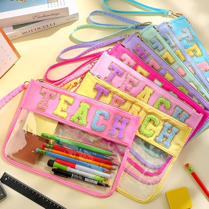 Abbylike 12 Pcs Snack Bags Clear Chenille Letter Teach Zipper Pouch Waterproof PVC Large Travel Makeup Cosmetic Storage Organizer Bag for Mom Team Cheerleaders Teacher (Multicolor)