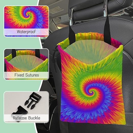 Rainbow Tie Dye Car Garbage Bag,Waterproof Small Car Trash Bag Hanging Back of Seat,Drawstring Hanging Car Trash Bag with Adjustable Buckle for Car Accessories