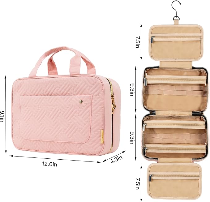 Travel Toiletry Bag for Women with Hanging Hook, Makeup Organizer Case, Water-Resistant Cosmetic Bag For Full-size Containers, Toiletries, Pink Large+, Not Made In China