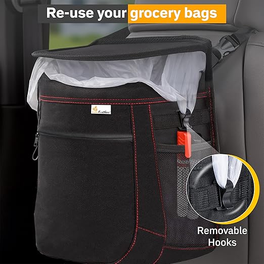 EcoNour Car Trash Can 2.5 Gallon with Lid & Storage Pockets | Waterproof Hanging Garbage Bin with Removable Inner Bag | Automotive Accessories for SUVs, Trucks & More | Black
