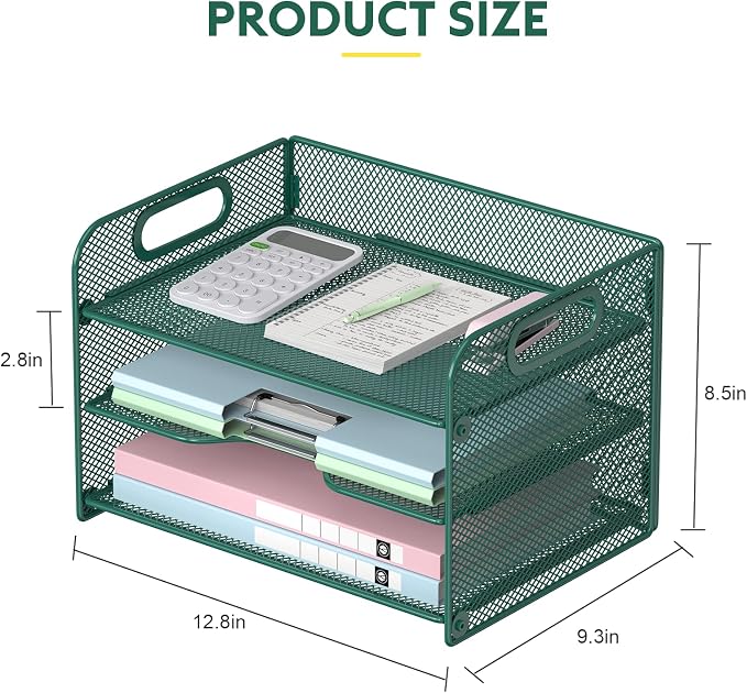 Samstar 3 Tier Green Letter Tray Paper Organizer with Handle, Mesh Desk Organizer Paper Sorter File Rack Shelves, Green