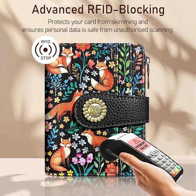 Kelvoris Cute Floral Fox Flowers Boho Small Rfid Women Wallet Bifold Zipper Coin Pocket PU Leather Compact Cash Credit Card Holder Travel Wallet for Female Ladies Teen Girls 1 ID Window 10 Card Slots