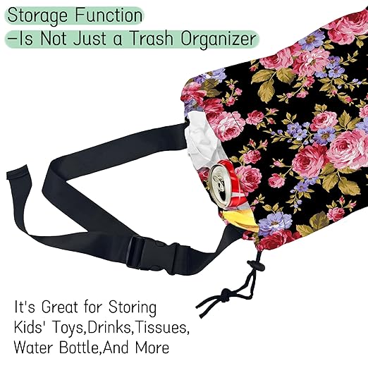 Pink Roses Car Garbage Bag,Hibiscus Waterproof Small Car Trash Bag Hanging Back of Seat,Drawstring Hanging Car Trash Bag with Adjustable Buckle for Car Accessories