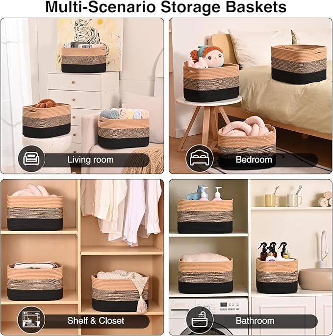 ICERZCZ Storage Baskets for Organizing Shelves, Decorative Baskets for Storage, Woven Cotton Rope Basket for Living Room Bedroom Nursery, 15"x11"x9.5", 3 Packs, Gradient Black & Jute