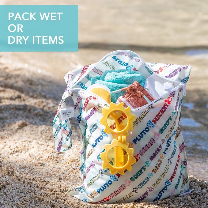 Bumkins - Waterproof Wet Bag & Clear Travel Bags - For Beach, Baby, Travel, Swim Suit, Cloth Diapers, Pump Parts, Pool, Gym, Toiletries - Reusable & Easy to Clean - Mickey and Friends White - 4 Pack