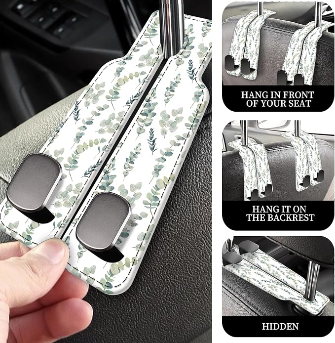PU Leather Car Seat Hook, Storage Headrest Hanger, Cute Car Backseat Organizer, Car Hooks for Purses and Bags White Leaves