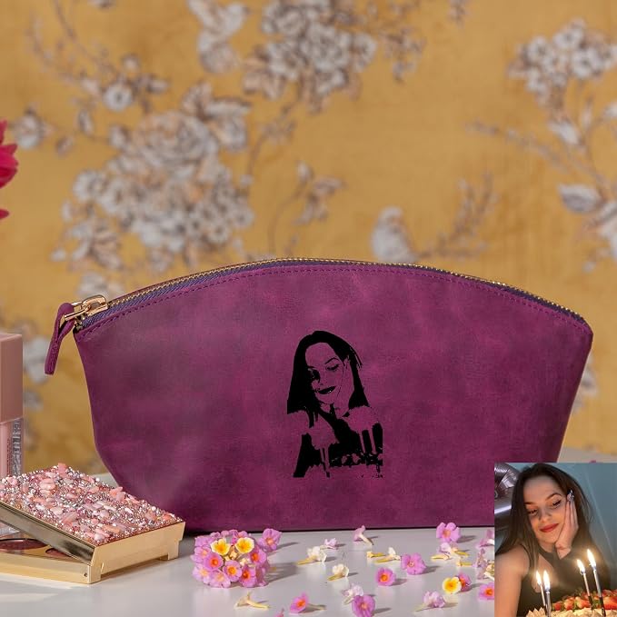 Blade Premium Personalized Genuine Leather Cosmetic Makeup Bag - Wedding Gift for Bridesmaid, Travel Organizer Clutch for Women with Zipper Pouch for Toiletry Essentials (Purple)