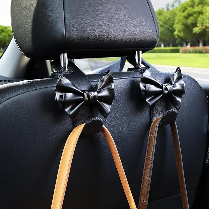Car Purse Hook, Cute Bow Hooks for Headrest - Leather U-Shaped Purse Holder for Car, Flexible Seat Back Organizer & Durable Vehicle Accessories for Bags, Coats & More (Black-2 Pack)