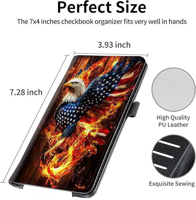 FUYOCWE Checkbook Covers for Personal Checkbook,Leather Checkbook Cover for Business/Personal Checks,RFID Blocking Check Book Cover Holder Wallets for Men Women-American Eagle Rebirth of Fire
