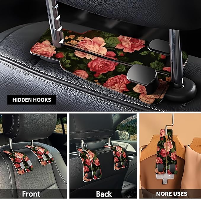 Car Seat Headrest Hook, Universal Leather Cute Hanger Holder Hook, Storage Organizer Interior Accessories for Purse Bags Handbag Cute Red Flowers