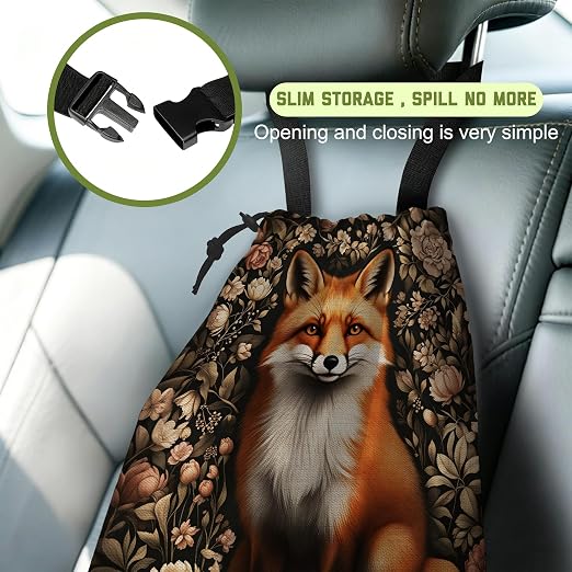 Car Garbage Bag Vintage Floral Fox Drawstring Car Trash Bag Hanging for Back Seat with Adjustable Buckle Canvas Vehicle Trash Can Easy-to-Install for Car Accessories Vehicle Travelling Camping