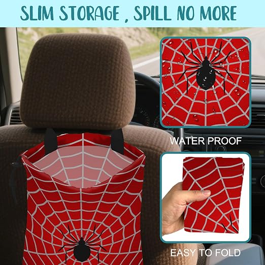 Car Garbage Bag Spider on Spider Web Drawstring Car Trash Bag Hanging for Back Seat with Adjustable Buckle Canvas Vehicle Trash Can Easy-to-Install
