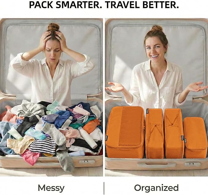 4 Piece Compression Packing Cubes for 3–7 Day Travel, Space Saving Travel Organizers with Breathable Mesh, Double-Zipper Packing Cubes for Carry-On & Suitcases (Orange)