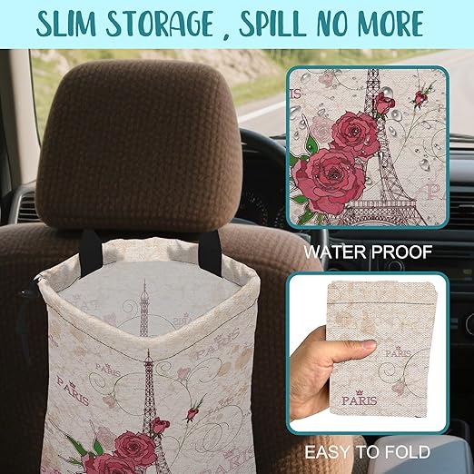 Car Trash Bag Pink Eiffel Tower and Roses Leak-Proof Waterproof Car Garbage Bag with Drawstring Foldable Canvas Trash Bin with Adjustable Buckle for Car Accessories, Travelling, Camping