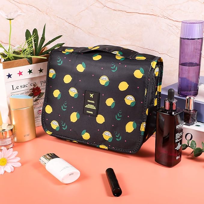 Pengxiaomei Hanging Toiletry Bag, Black Waterproof Cosmetic Bag Portable Lemon Makeup Pouch Travel Wash Bag with Handle for Kids Teen Girls Birthday Mothers Day Gifts