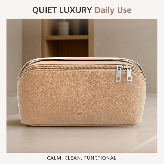 MELINE Travel Makeup Bag – Large Capacity Cosmetic and Toiletry Organizer with Divider and Handle, Waterproof Flat-Open Design, Portable Pouch for Women (Taupe)