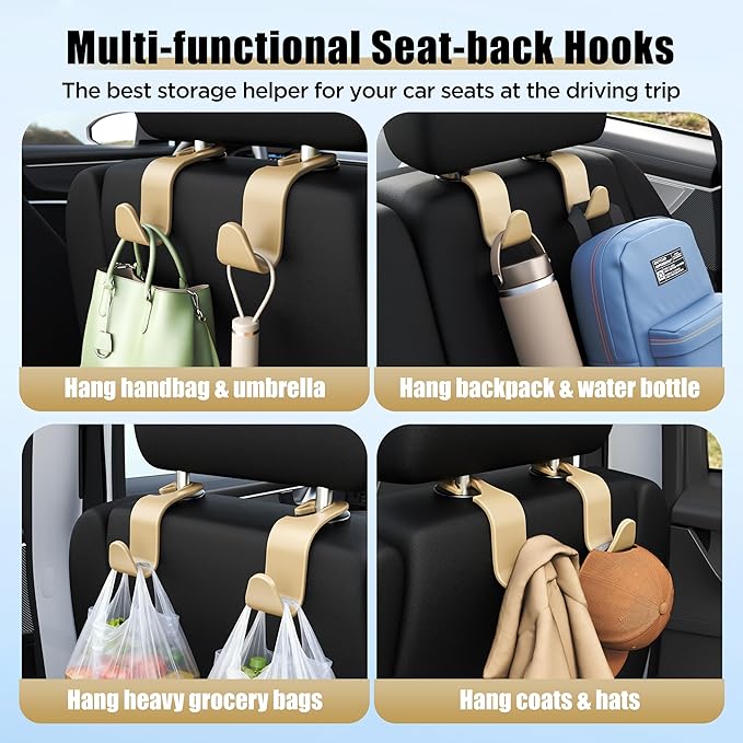 Amooca Car Seat Headrest Hook 4 Pack Hanger Storage Organizer Universal for Handbag Purse Coat Universal fit Vehicle Car Beige with Clip