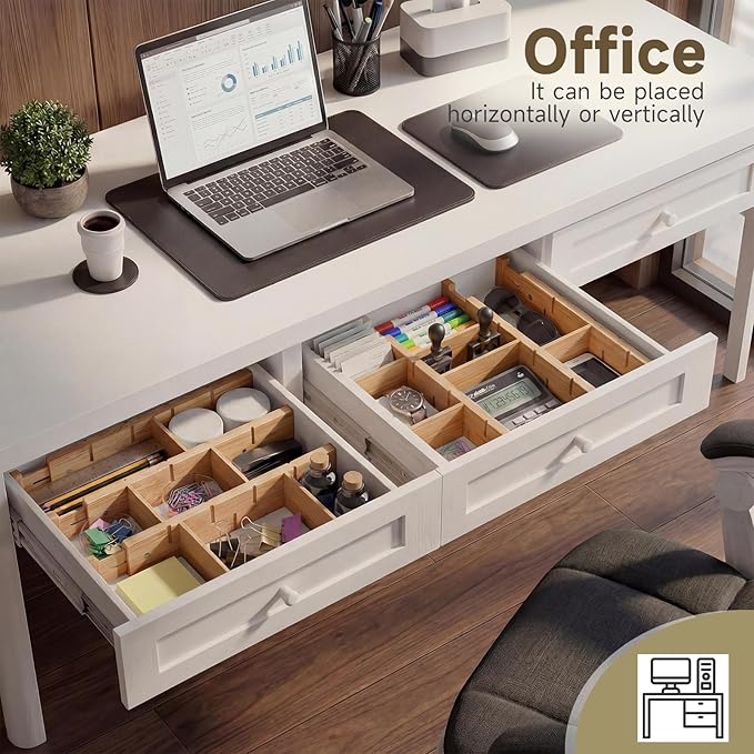 Bamboo Drawer Dividers, Expandable Kitchen Drawer Organizer, Include 8 Dividers, 8 Small Inserts and 8 Medium Inserts for Home, Office, Dressers