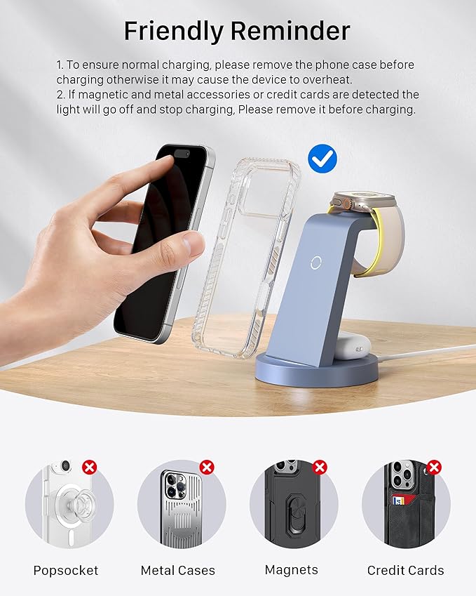 Anlzm 3 in 1 Charging Station for iPhone, Wireless Charger for iPhone 17 16e 16 15 14 13 12 11 X Pro Max & Apple Watch - Charging Stand Dock for AirPods (Blue)