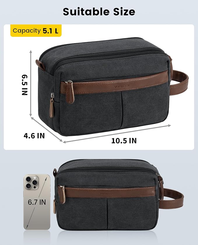 Vorspack Canvas Toiletry Bag for Men - Water Resistant Travel Bag for Toiletries, Bathroom Essentials, Accessories - Grey