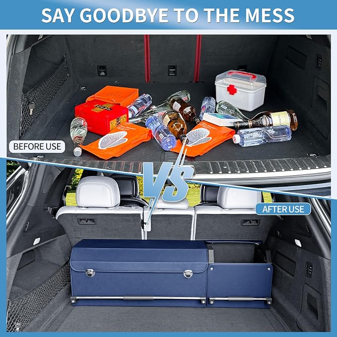 Car Trunk Organizer, Leather Trunk Organizer for SUV with Lid and Sturdy Handle Collapsible Adjustable Storage (Blue, 41 x 11.4 x 12.2in)