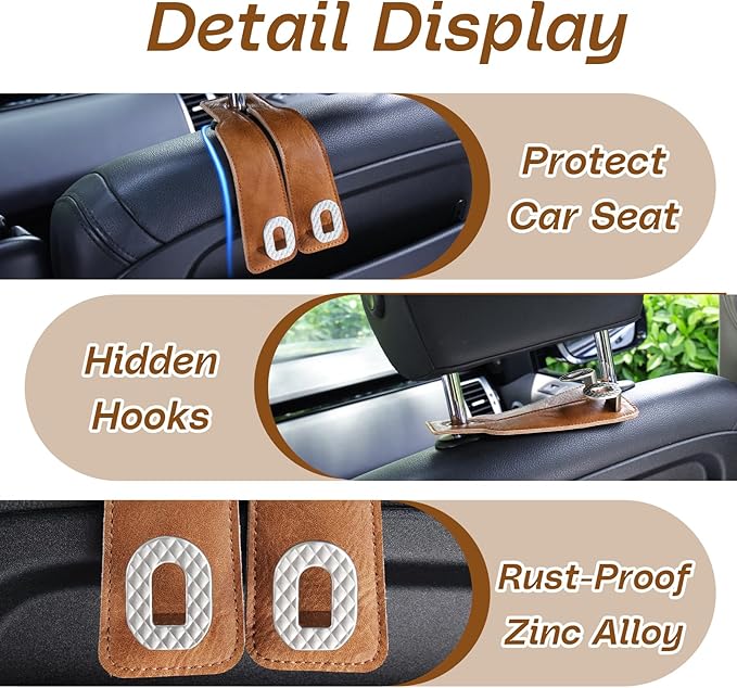 Car Headrest Hooks Universal Car Purse Hook Premium Leather and Alloy Twin Hook Car Seat Back Storage Hanger Hook for Purse Bags Cloth Drink Durable Holder Car Accessories (BH09-Brown-Silver)