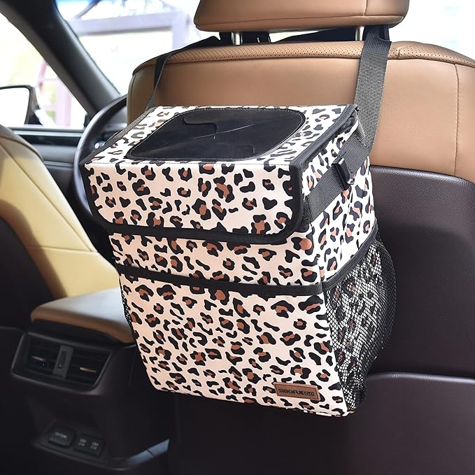 SIBOFUEGO Cute Car Trash Can with Lid – Multipurpose Collapsible Trash Bin for Car, Leak-Proof Organizer, Waterproof Garbage Can with Storage Pockets & Adjustable Straps, 2 Gallons (Leopard Print)