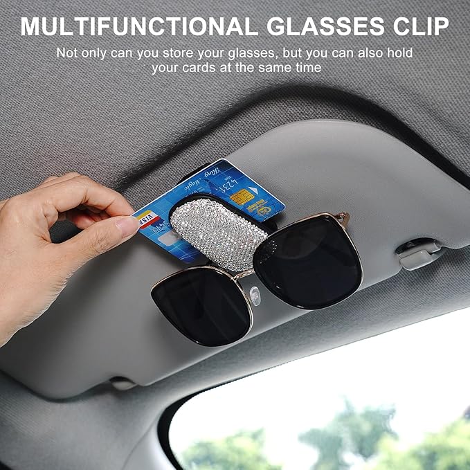eing Magnetic Leather Sunglass Holder,Bling Crystal Eyeglass Hanger Clip for Car Sun Visor, Suitable for Different Size Eyeglasses, 1 - Pack White