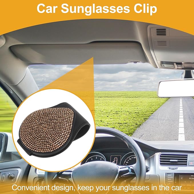 Car Sunglasses Clip Magnetic Universal Sun Visor Eyeglasses Holder Clip PU Leather, Rhinestone Black, Gold 6.5x9cm/2.56 "x3.54 1 Pcs