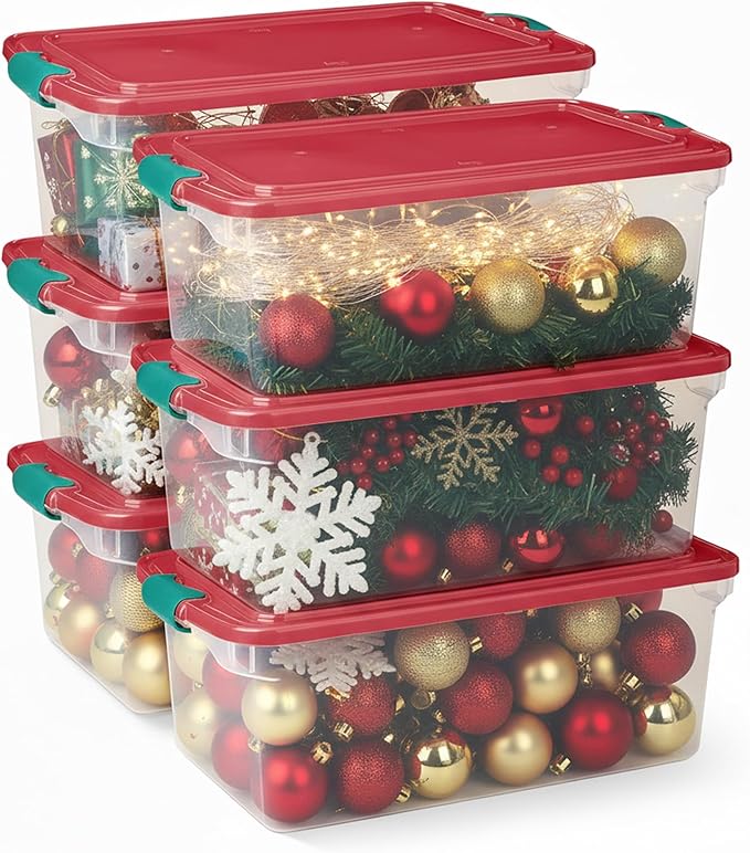 HOMZ 6-Pack Holiday Tote, Plastic Storage Organizer Bins with Lids, 64 Quart, Clear/Red - Stackable Organizing Containers for Home, Garage, and Office