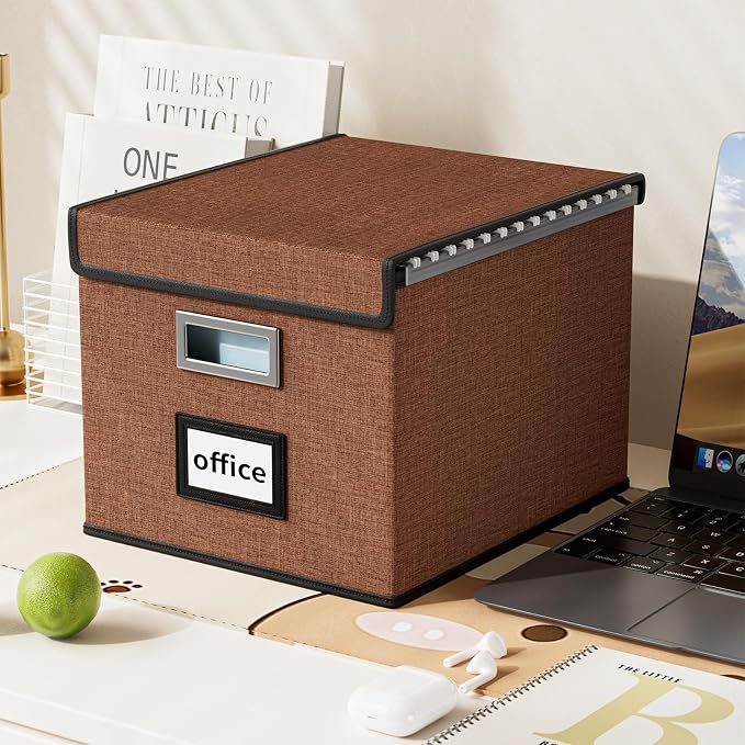 Upgrade Portable File Organizer Box with Lid,Large Linen Hanging Office Document Storage Box with Lid,Collapsible Filing&Storage Box for Office/Decor/Home-14.9x12.7x10.8in,1pk-without folders