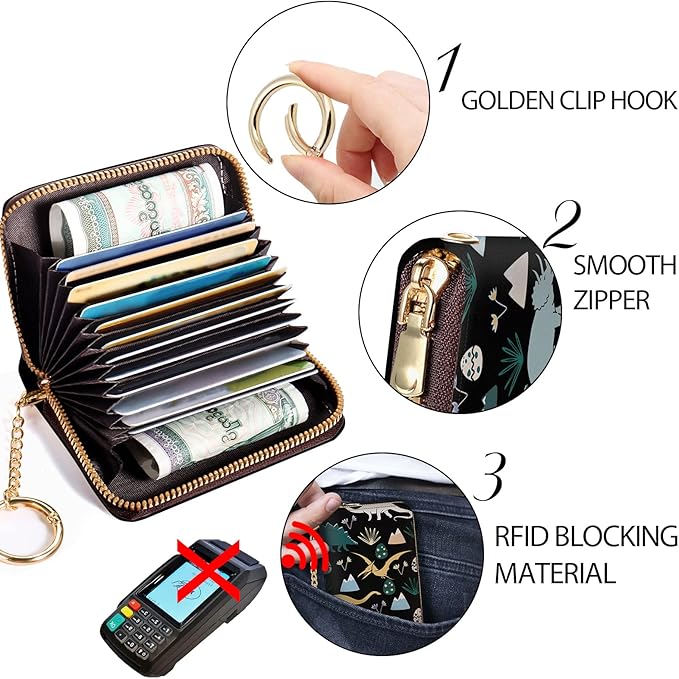 Credit Card Holder RFID Wallet, Small Card Holder Wallet for Women with Keychain Zipper, Funny Leather Print Credit Card Wallets Accordion Gift