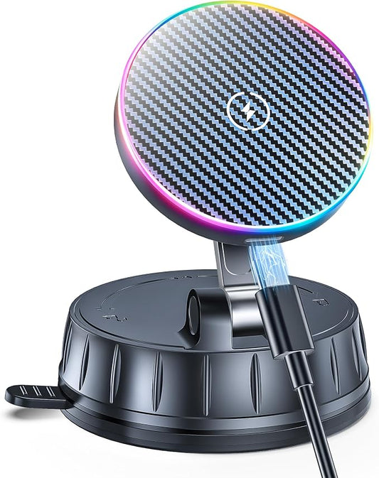 15W MagSafe Car Charger Mount, Magnetic Wireless Car Phone Holder with Dual Input Port, Vacuum Suction & Nano Adhesive Base, 360° Rotation Stable Car Charging Stand for iPhone 12-17, Samsung S26