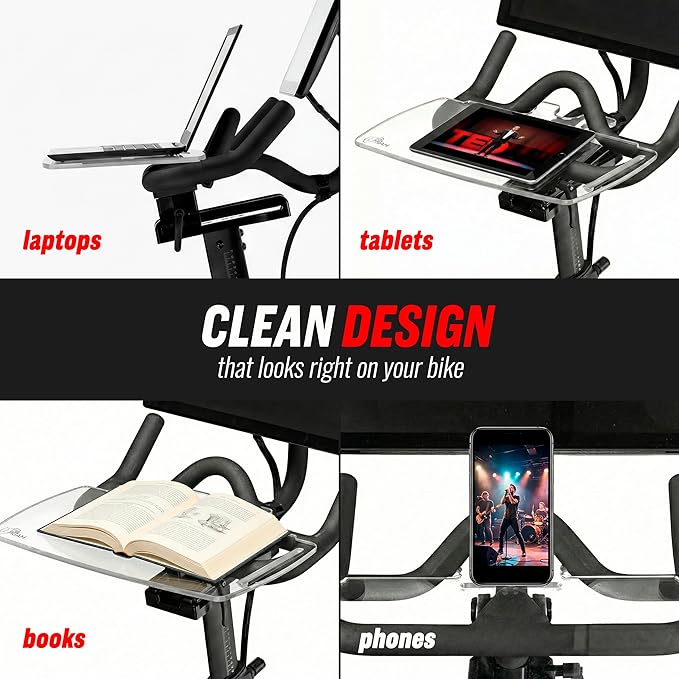 TFD The Tray V2 for Peloton Bike Original Models, Flat Acrylic Desk Tray with Phone and Pen Holders, Laptop and Tablet Tray for Work, Reading, or Viewing While Riding, Clear